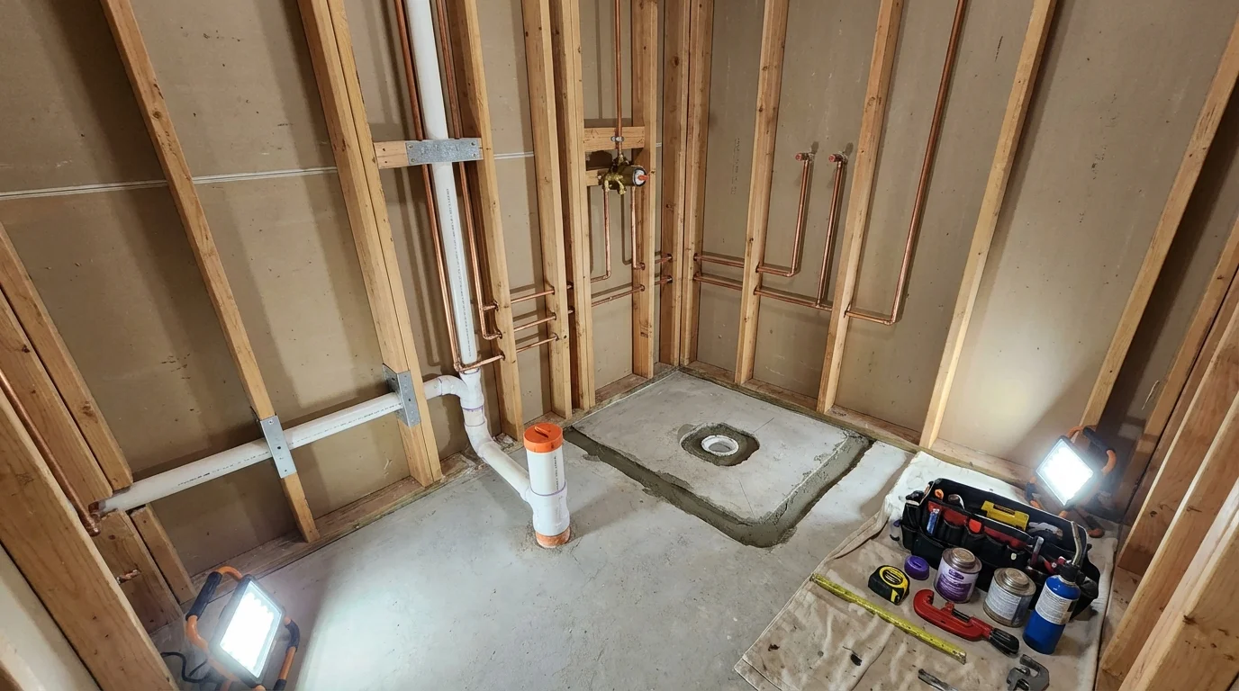 Bathroom rough-in plumbing during remodel by Johns Plumbing LLC in Mountville