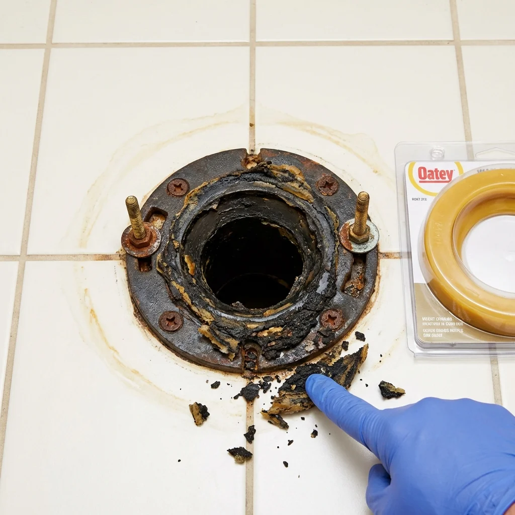Failed wax ring showing water seepage at the base of a toilet in a Mountville, PA home