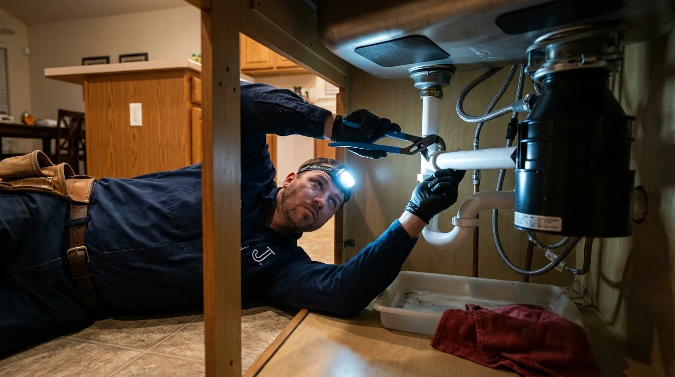 P-trap and supply line connections under a kitchen sink showing a common leak point in Mountville, PA